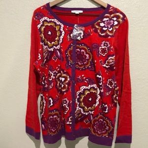 Isaac Mizrahi Live Red Cardigan Purple Florals 1X